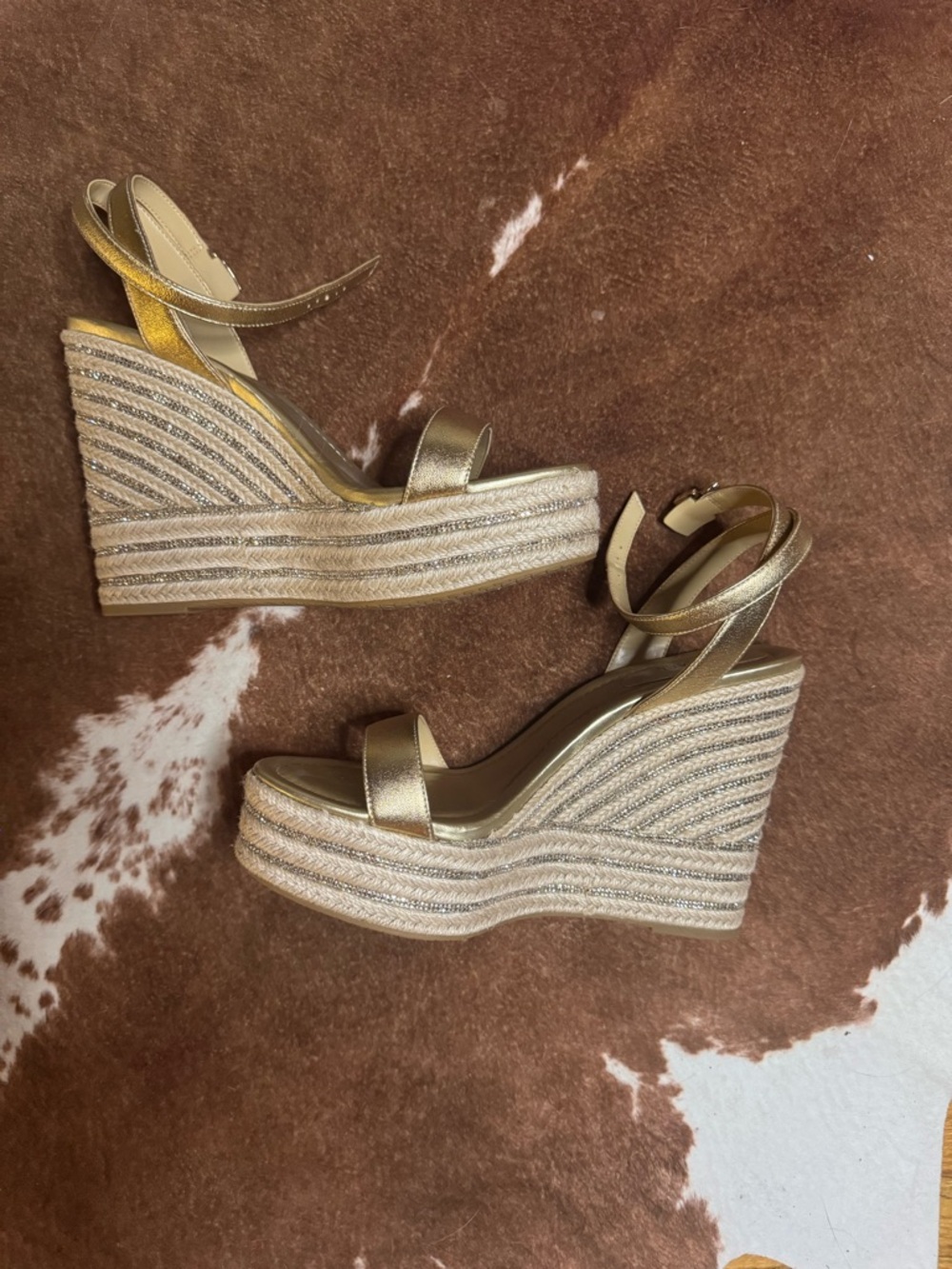 NEW Michael Kors Metallic Gold Espadrille Wedge Sandals with Ankle Strap 9.5 - Picture 2 of 4